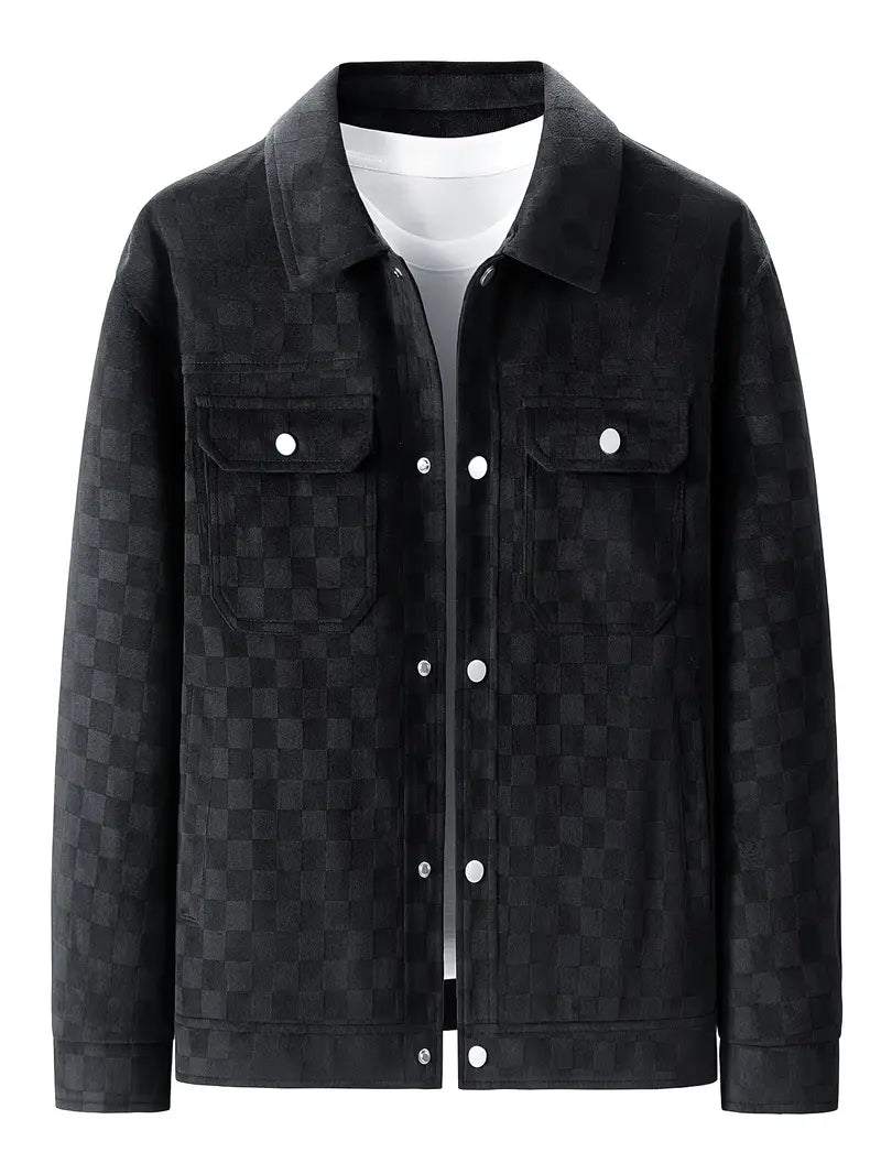 Mavrick | Mens Checkered Suede Jacket with Satin Lining | Velour Suede, Flap Chest Pockets | Black and Khaki XS-3XL