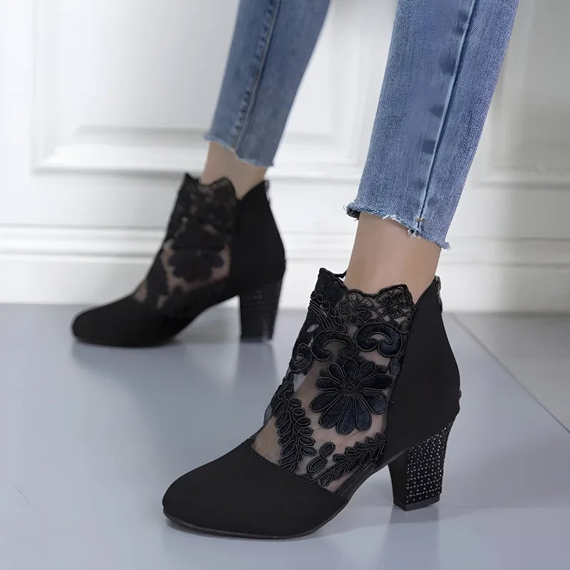 Women's Lace Overlay Ankle Boots with Block Heel