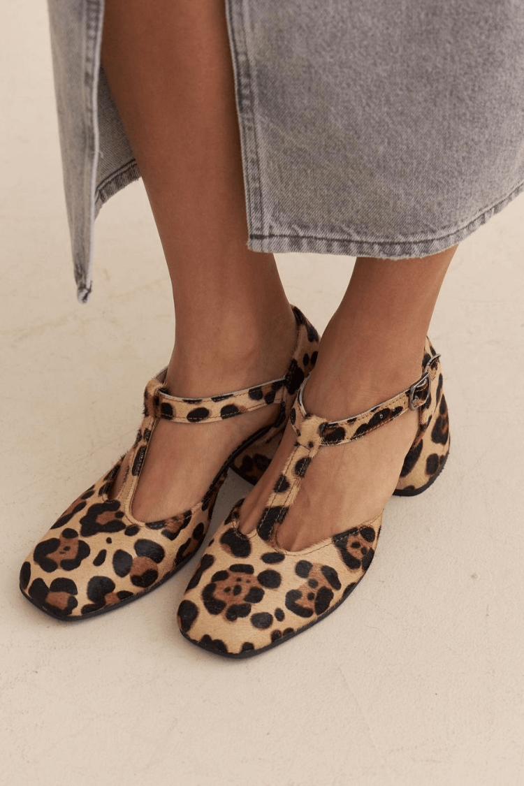 Women's Leopard T-Strap Block Heels with Square Toe