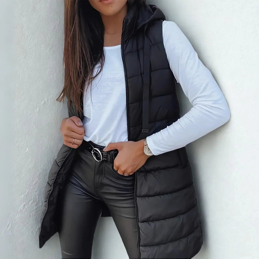 Women's Long Hooded Puffer Vest for Layering