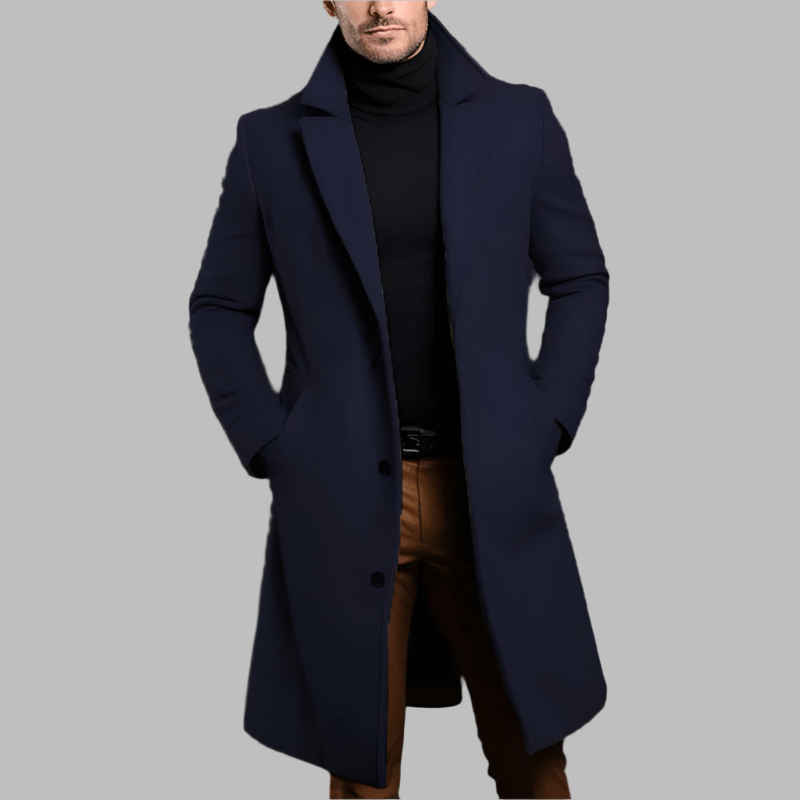 Men's Long Overcoat, Notched Lapels, Long Sleeves, Button Front