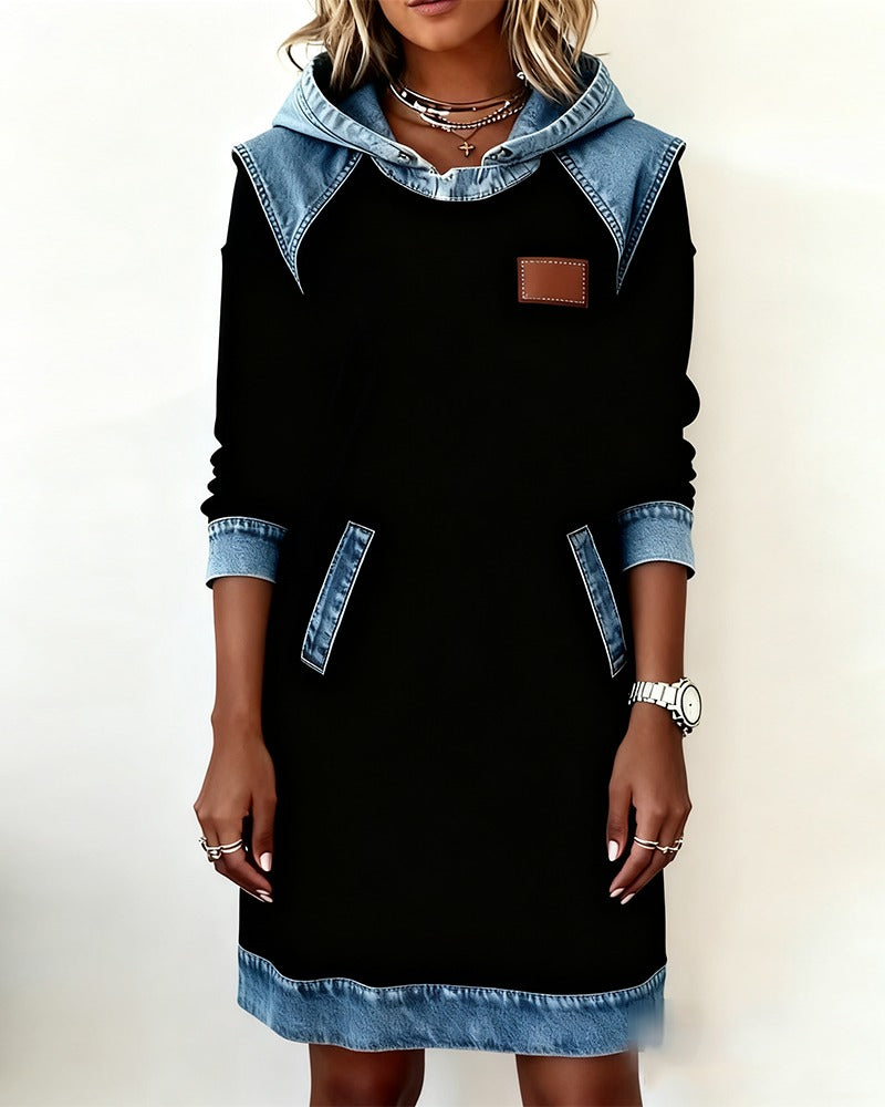 Women's Hoodie Sweatshirt Dress with Denim Trim Long Sleeve and Pockets