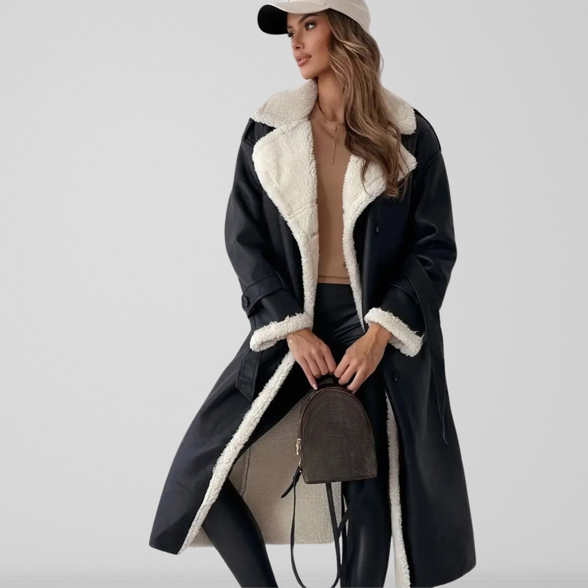 Women's Long Winter Coat, Shearling Trim, Double-Breasted
