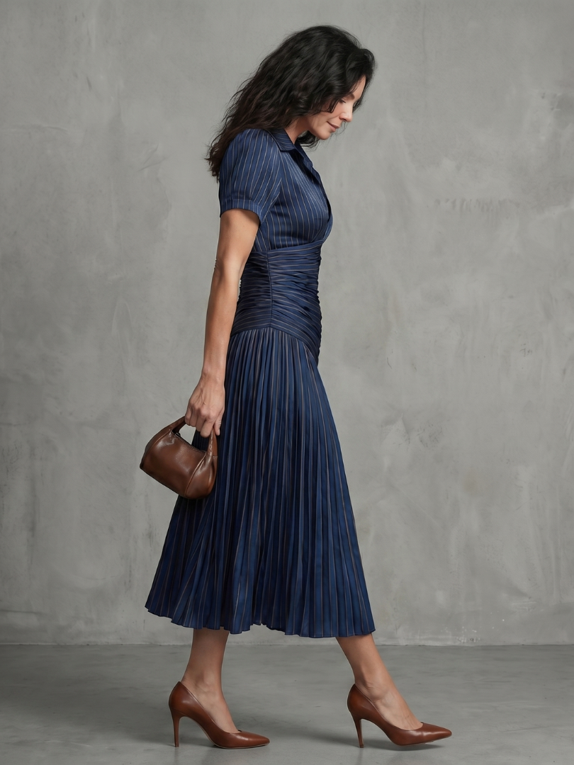 Theodora | Striped Midi Dress with Pleated Waist™
