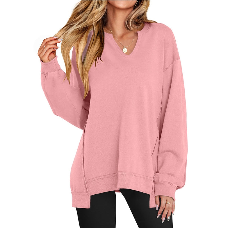 Women's Oversized Tunic Length Sweatshirt | V Neck with Dropped Shoulders and Ribbed Cuffs | Size S-2XL, 3 Colors