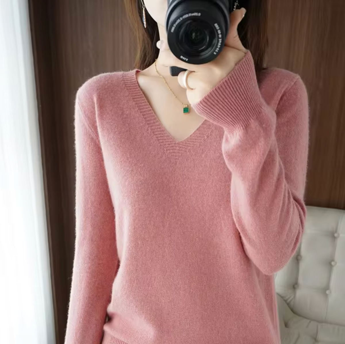 Sheena | Womens V-Neck Sweater with Cashmere Feel | Lightweight Soft Knit, Rib Cuffs | Blue, Pink, Black and More XS-XXXL