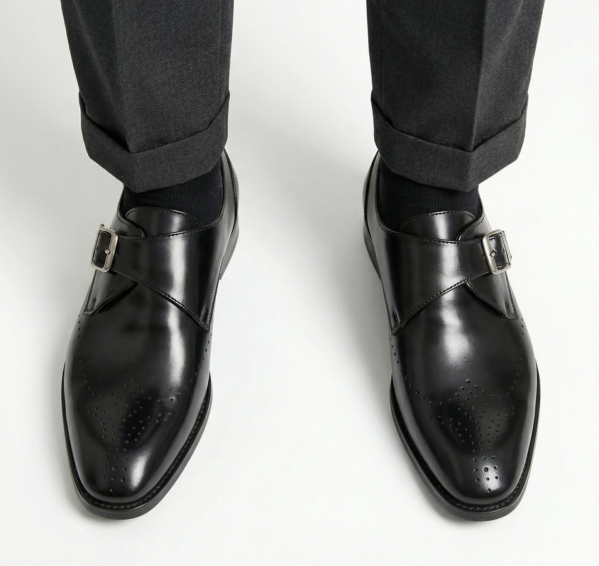 Men's Monk Strap Loafers, Brogue Detail, Square Toe