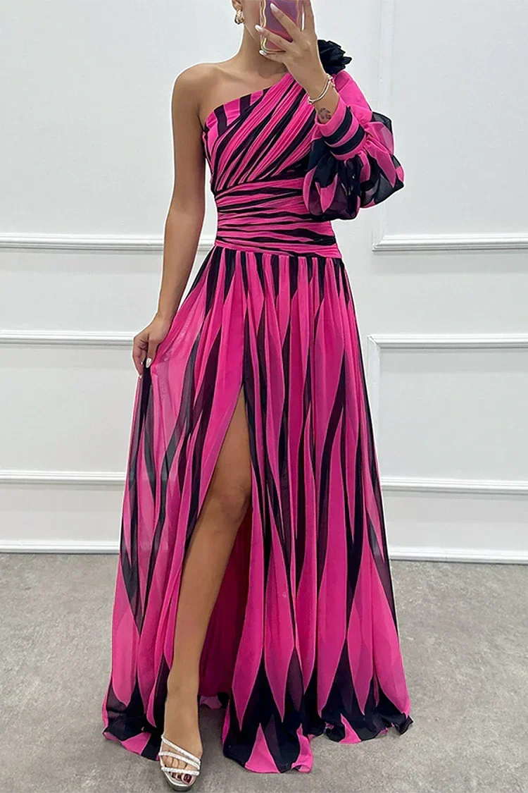 Women's Striped One Shoulder Maxi Dress | Pleated Skirt with a Front Slit and Fitted Waist | Size S-XL, 4 Colors