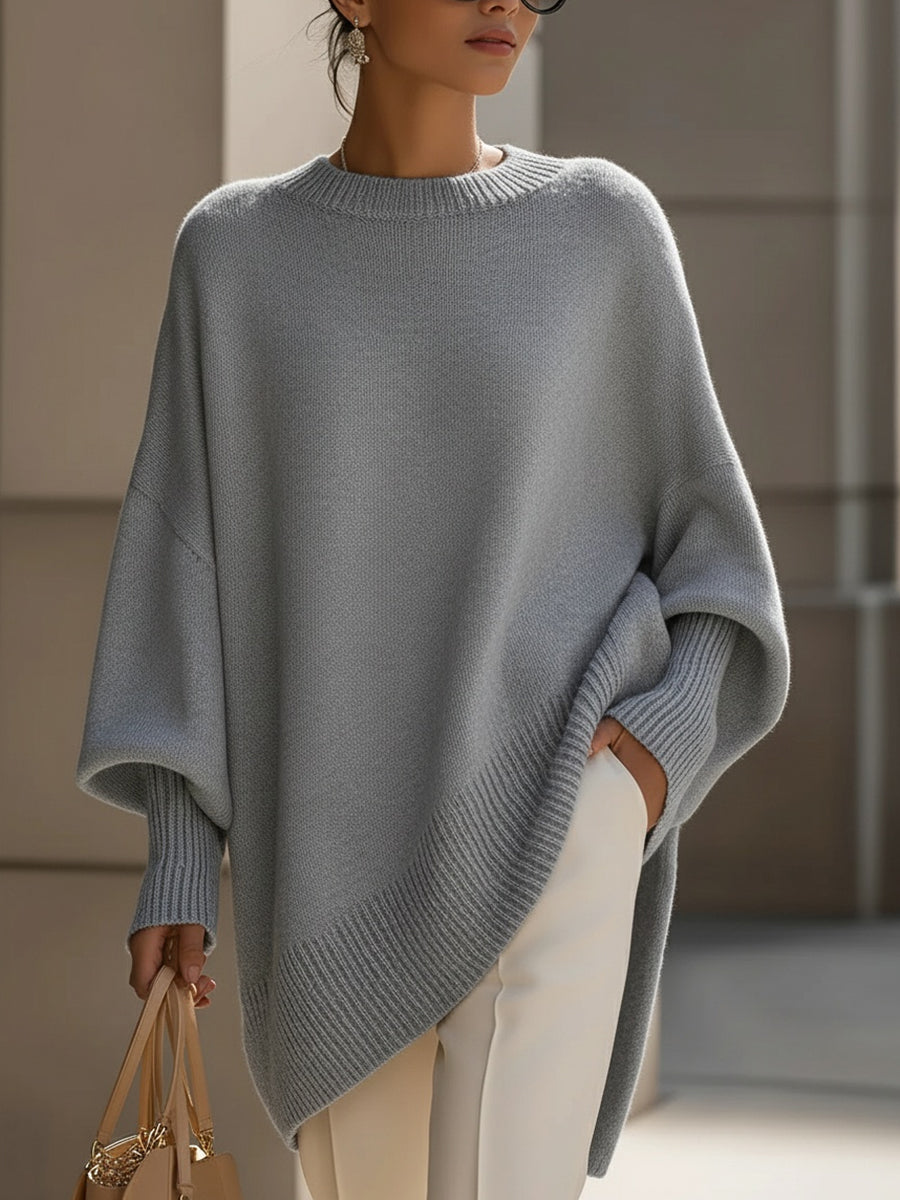 Lindsay | Womens Oversized Knit Poncho Sweater with Batwing Sleeves | Asymmetrical Hem, Round Neck | 7 Colors S-XL