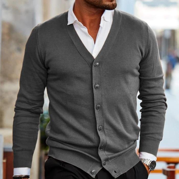 Men's V-Neck Button Cardigan, Long Sleeves, Ribbed Trim