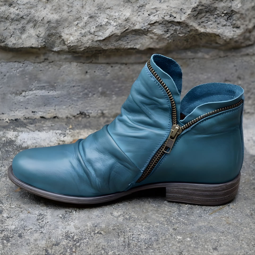 Unisex Ankle Boots, Diagonal Zipper, Round Toe, Low Heel