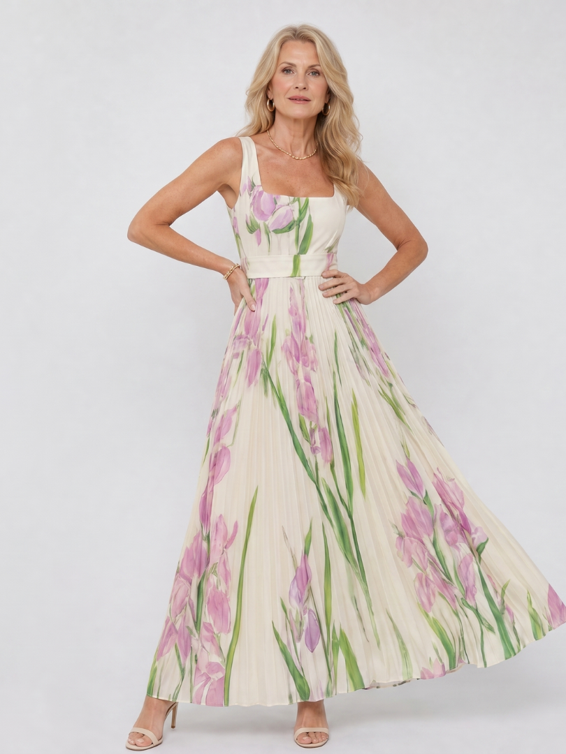 Satin midi dress with a square neckline and pleated skirt