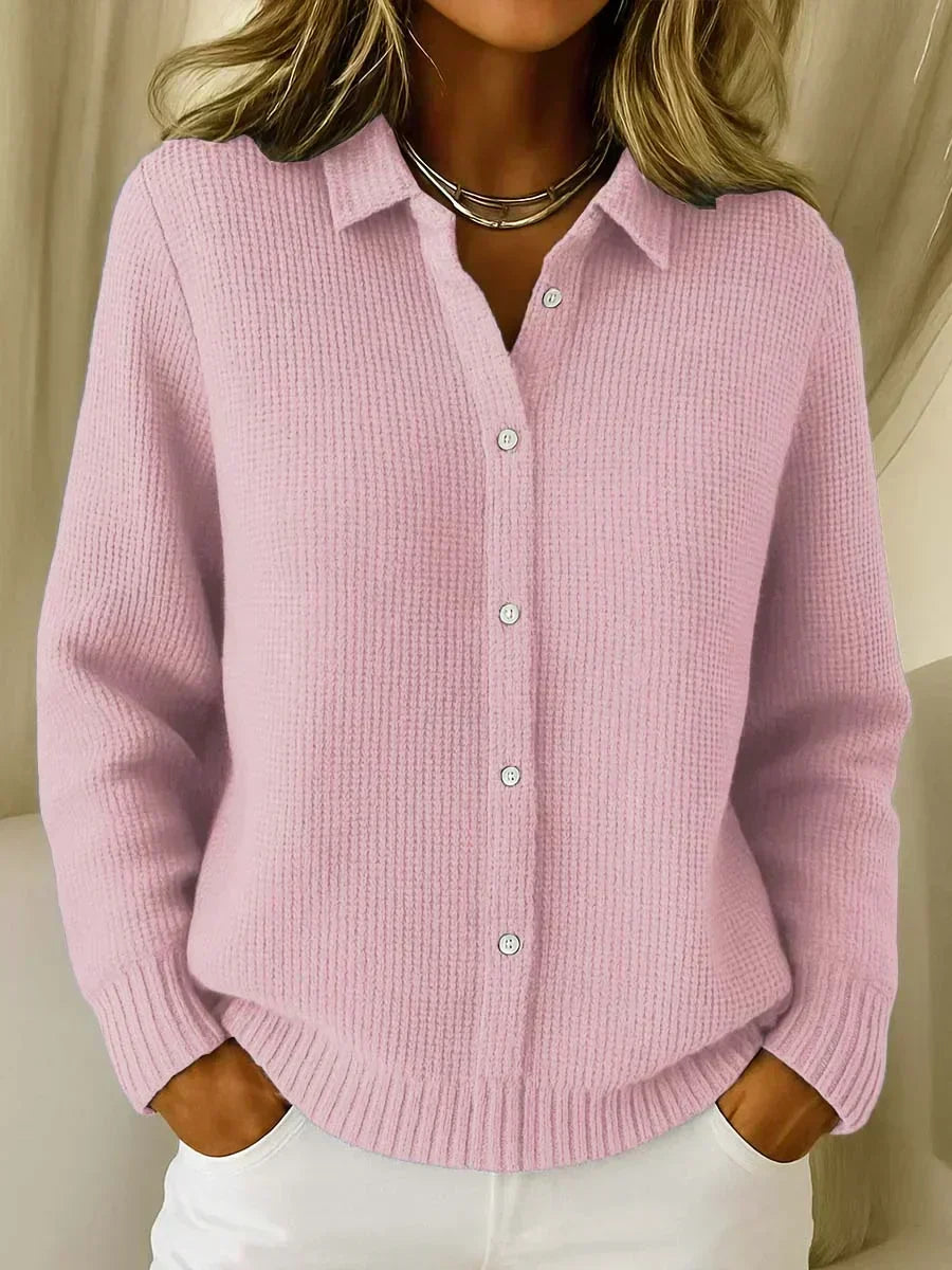 Women's Waffle Knit Cardigan, Collared, Button Front, Long Sleeves