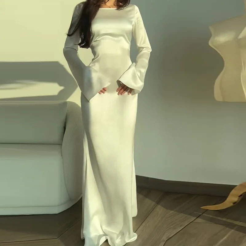 Women's Long Sleeve Maxi Dress in Satin | Flared Cuffs, Round Neckline, Floor Length | Sizes XS to 2XL, 4 Colors