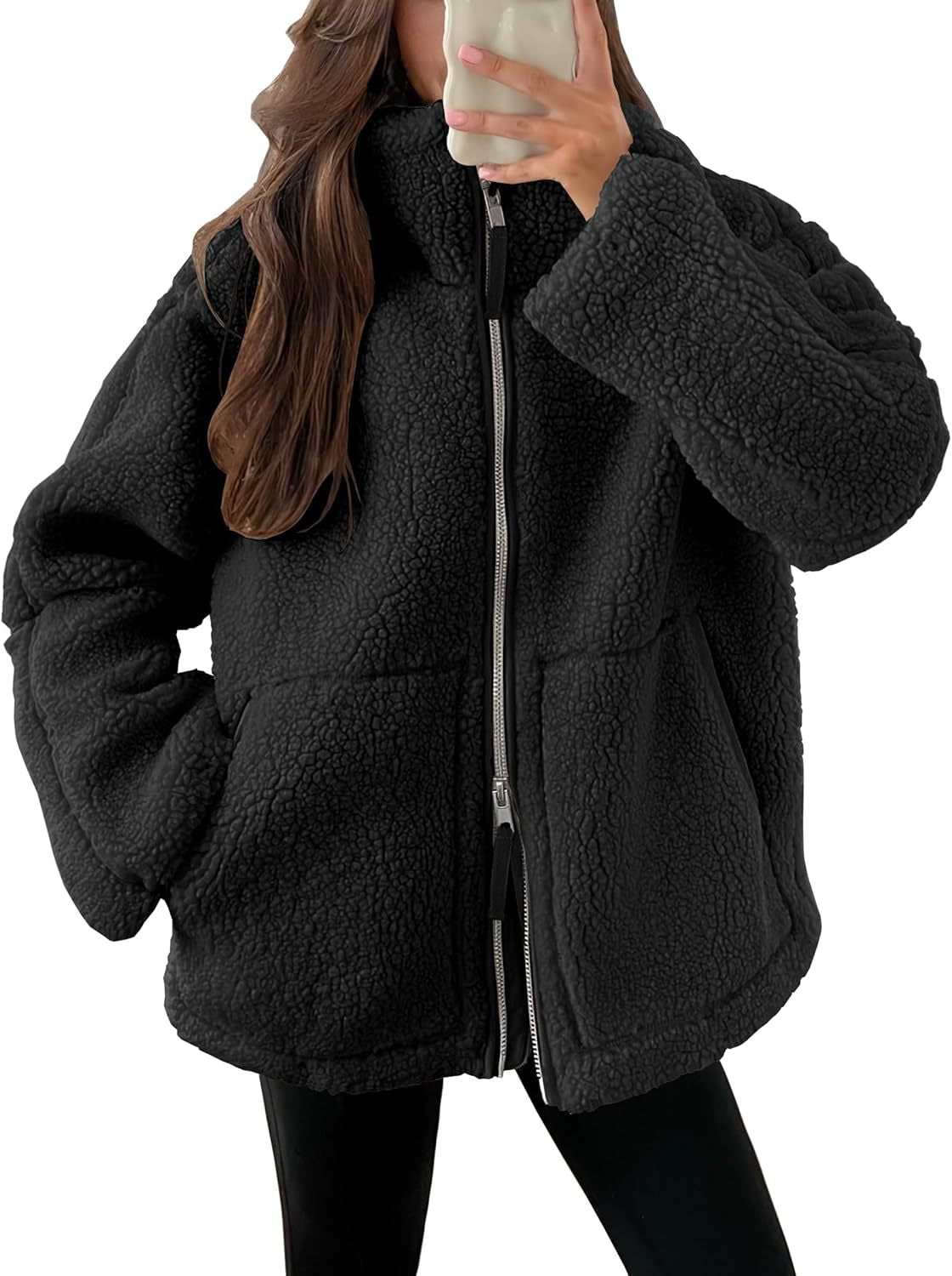 Women's Teddy Fleece Zip-Up Coat, Lapel Collar, Long Sleeves