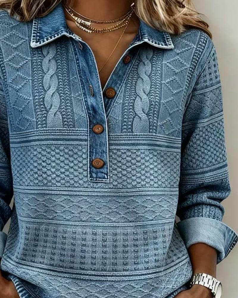 Kristen | Womens Cable Knit Sweater with Collar and Button Neckline | Relaxed Fit, Long Sleeves | Blue, Gray, Brown S-3XL