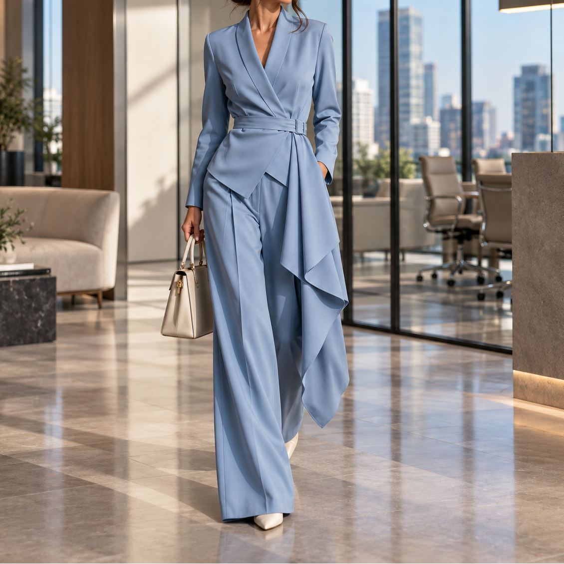 Drapevera – Buckle-Belted Wrap Blazer And Wide-Leg Trouser Set