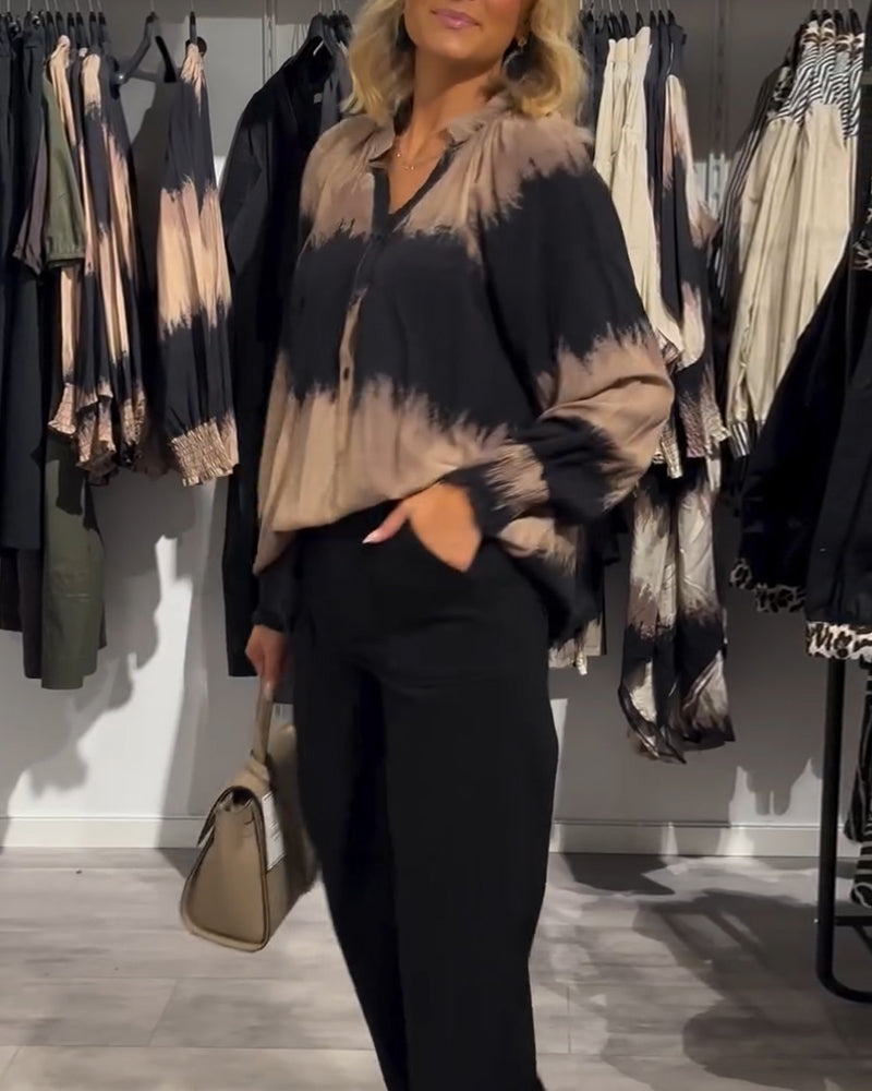 Women's Brown Tie-Dye V-Neck Blouse, Long Sleeves, Buttons
