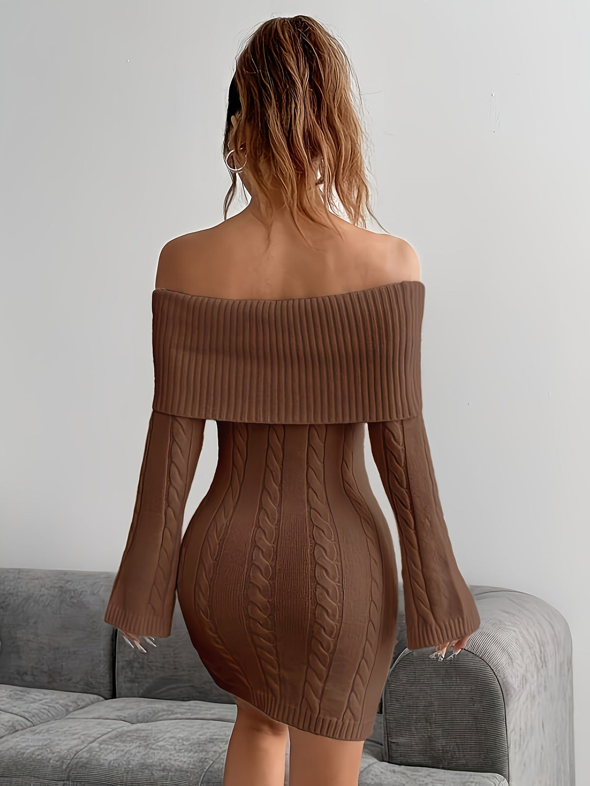 Women's Off Shoulder Knit Dress in Cable Texture | Foldover Collar and Flared Sleeves | Sizes S-2XL, 5 Colors