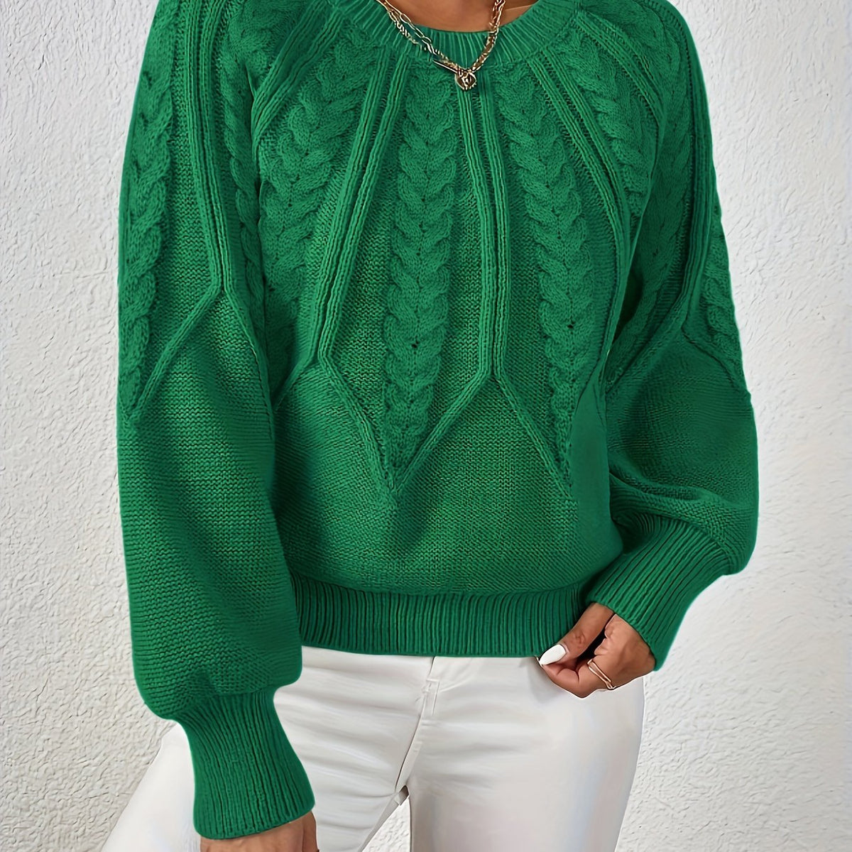 Women's Cable-Knit Pullover Sweater with Lantern Sleeves