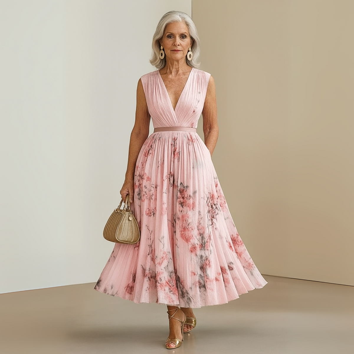 Women's Pleated Floral Maxi Dress – Sleeveless Wedding Guest Occasion Dress
