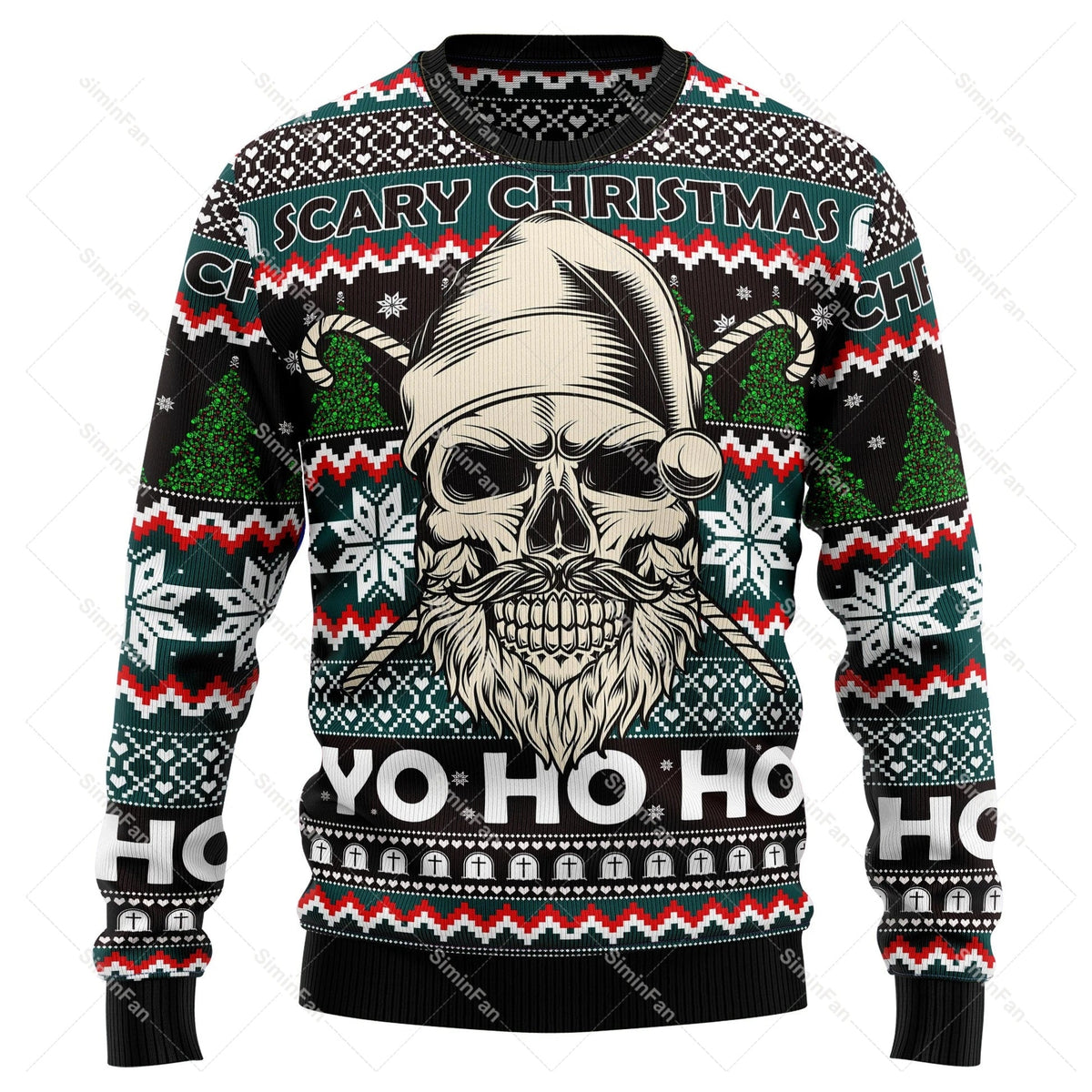 Men's Skull Christmas Sweater, Crew Neck, Long Sleeves