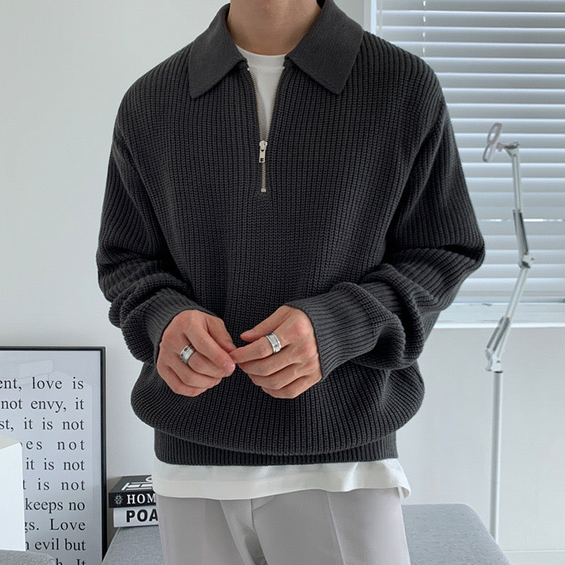 Men's Ribbed Quarter-Zip Collared Sweater, Long Sleeves