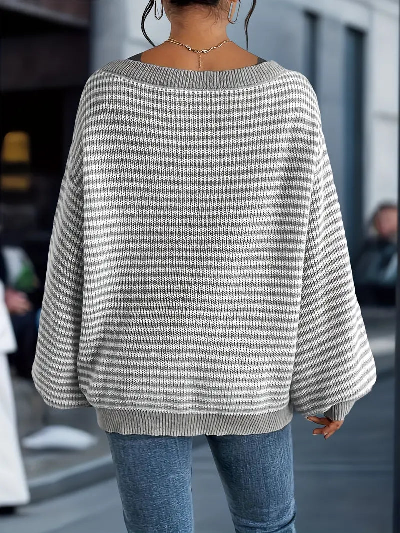 Women's Striped Knit Jumper, Crew Neck, Long Sleeves