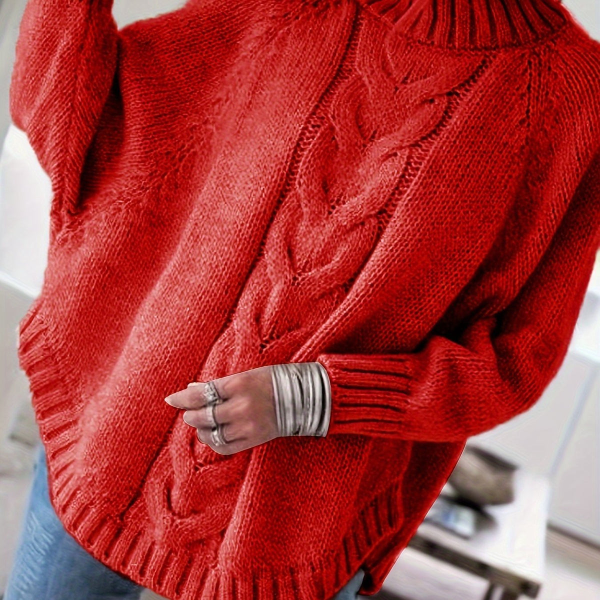 Women's Cable-Knit High-Neck Sweater Relaxed Fit