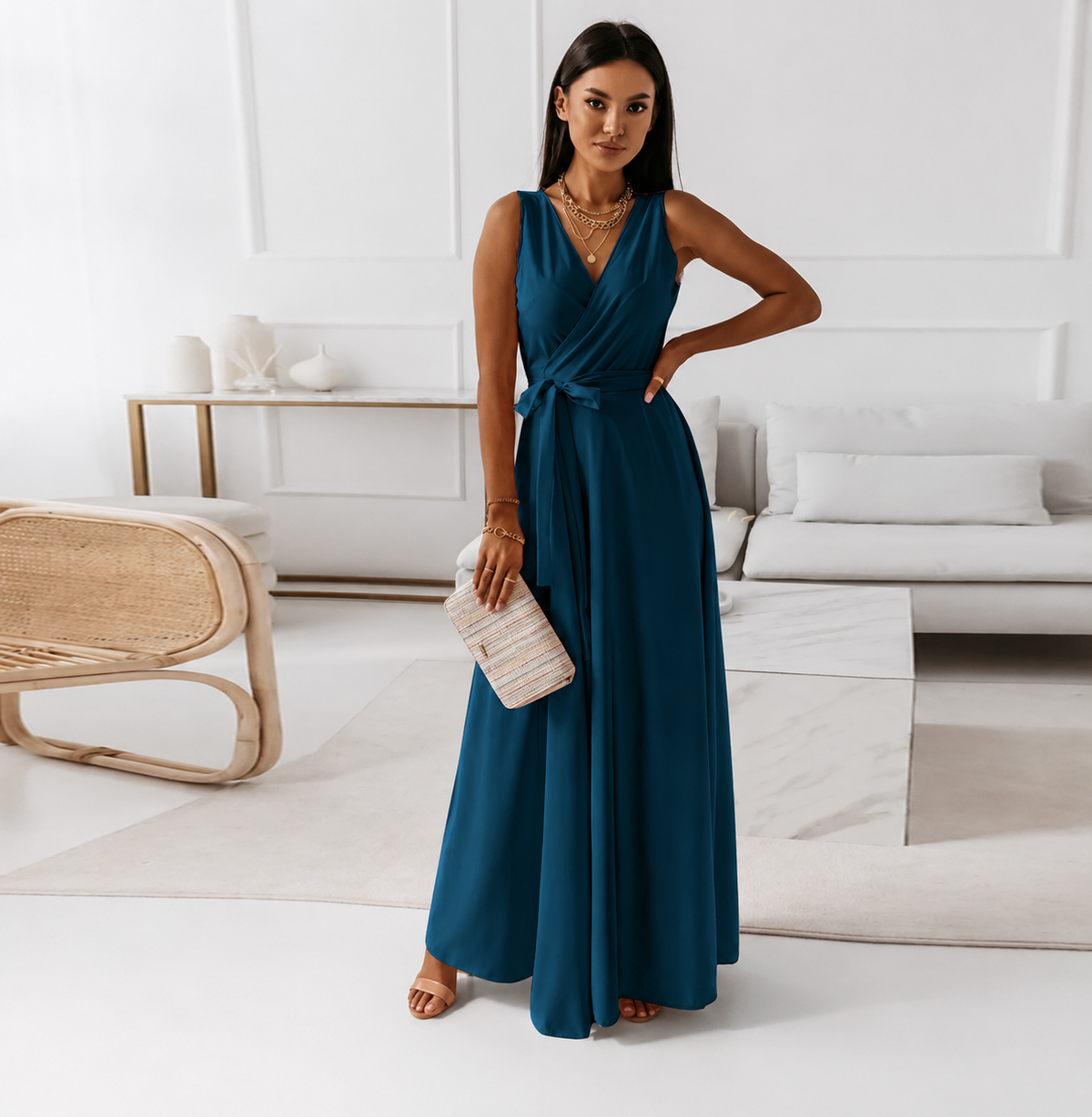 Women's Bridesmaid Wrap Maxi Dress – V-Neck Wedding Guest Occasion Dress
