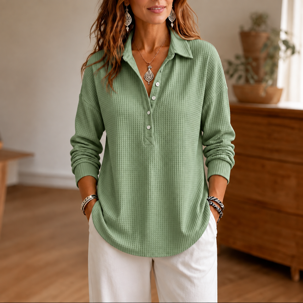 Wearbella – Waffle-Knit Collared Button-Neck Pullover