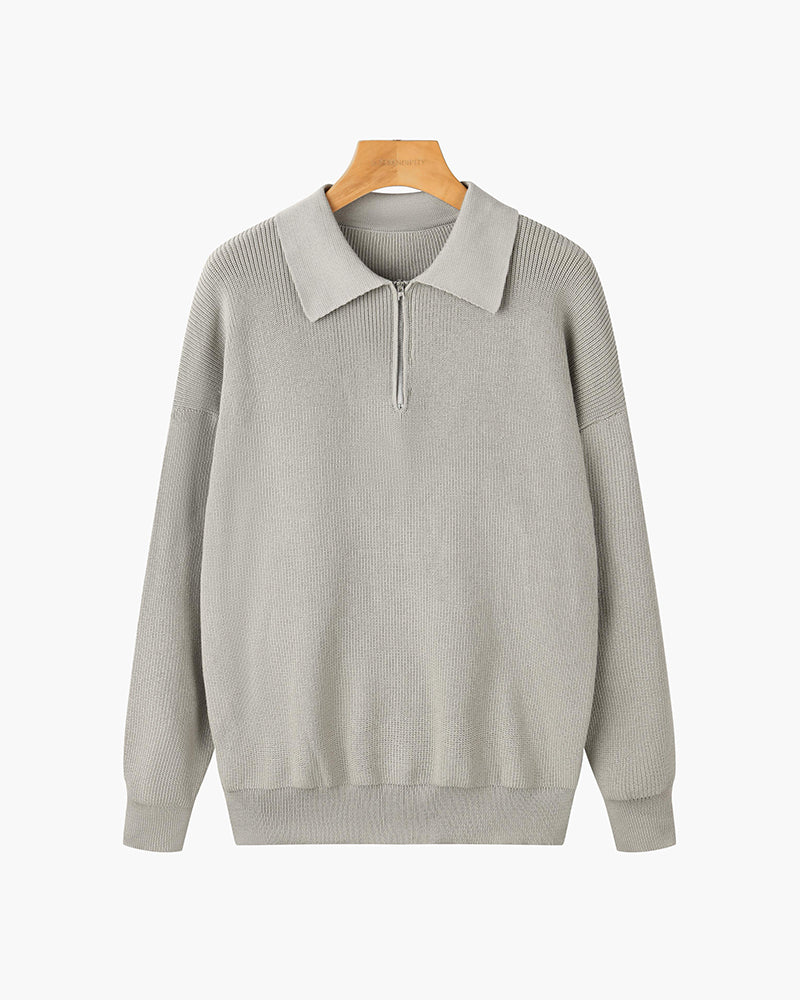 Men's Ribbed Quarter-Zip Collared Sweater, Long Sleeves