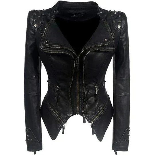 Women's Black Studded Moto Jacket, Fitted, Long Sleeves