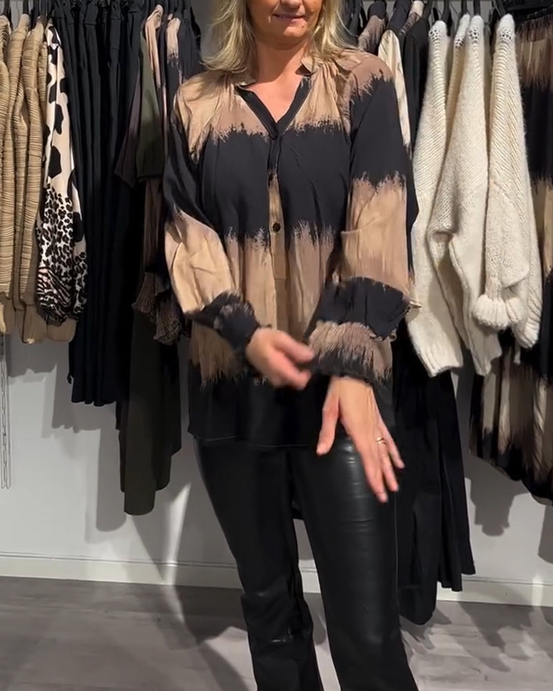 Women's Brown Tie-Dye V-Neck Blouse, Long Sleeves, Buttons