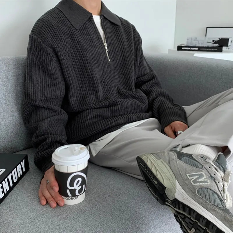 Jose | Mens Knit Zip Sweater with Collar | Loose Relaxed Fit, Classic Zipper Closure | Black, Gray, Khaki M-3XL