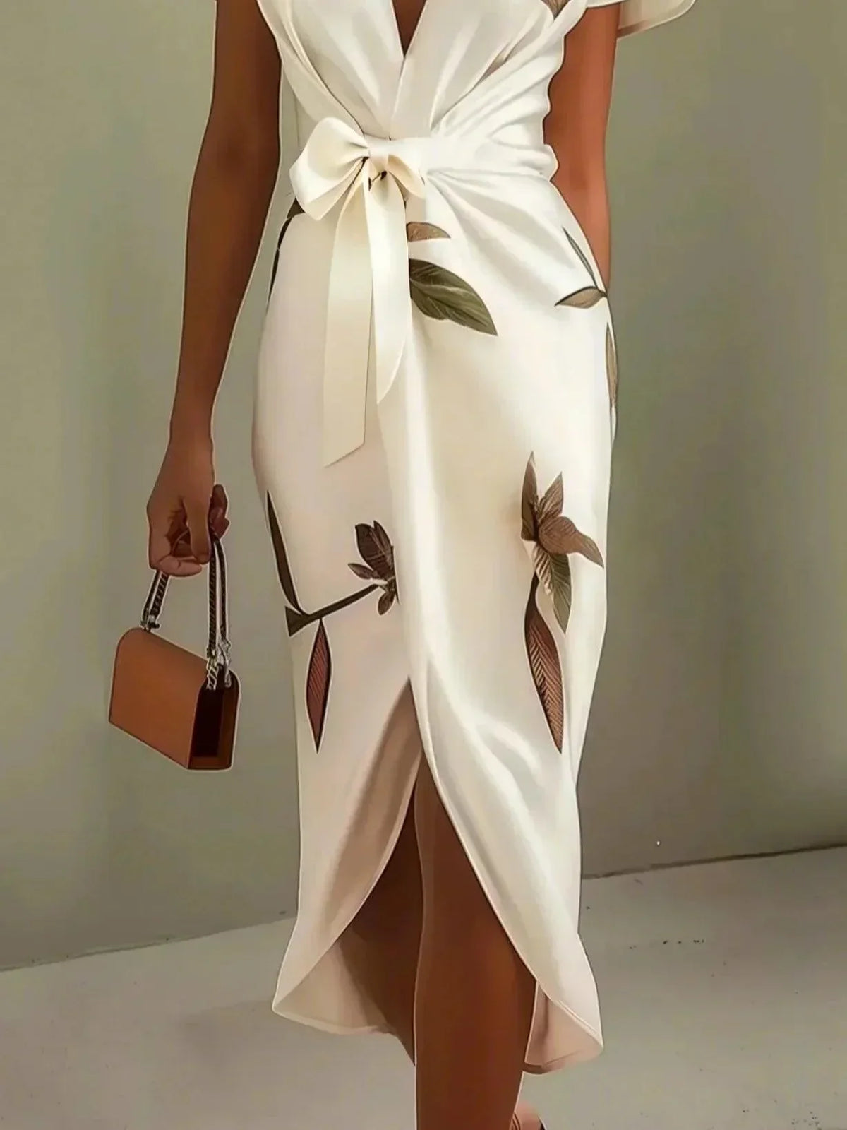 Women's Wrap Dress with a Tie Belt and Leaf Print | Flowing Skirt in White or Light Blue | Size S-3XL, 2 Colors