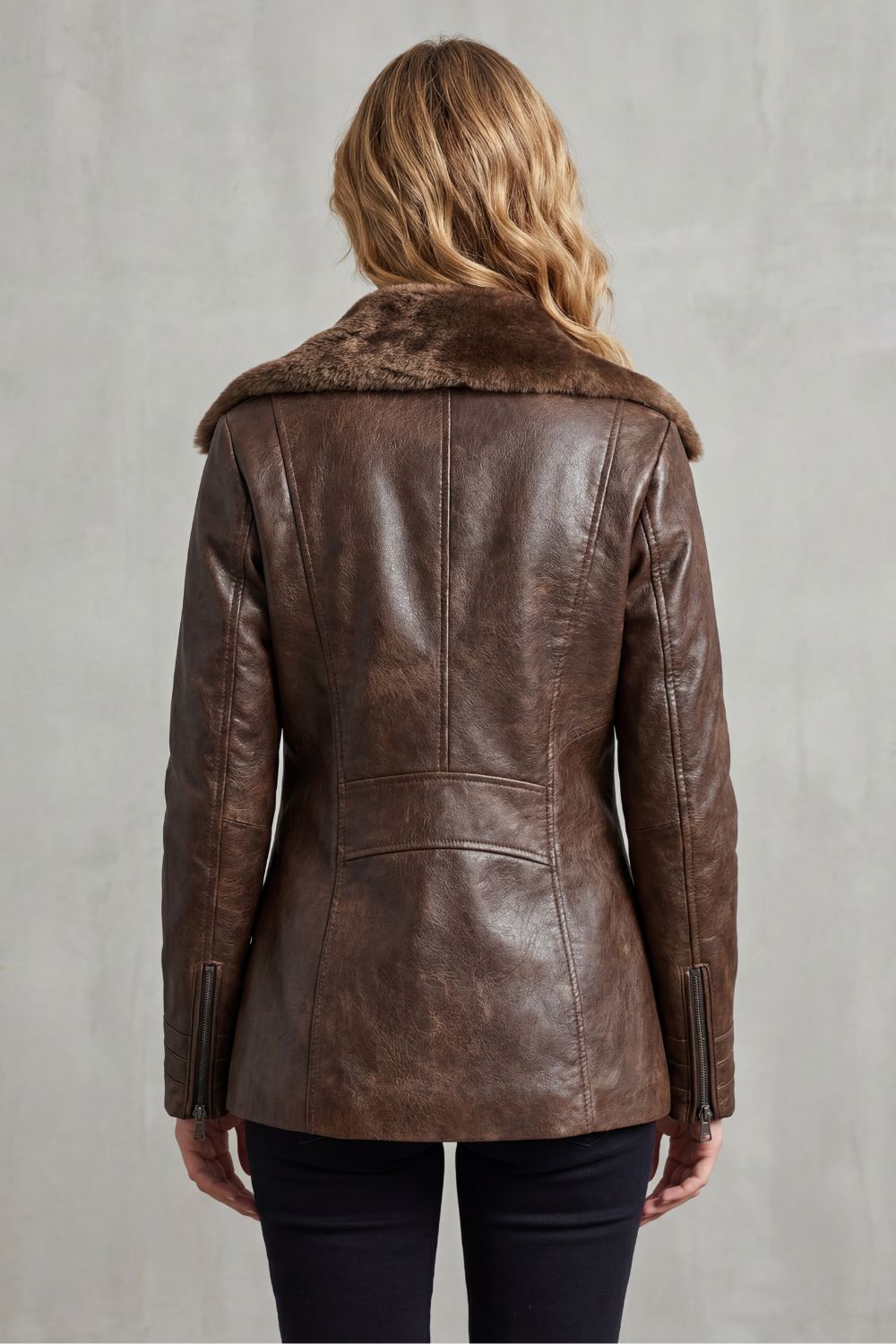Women's Brown Shearling-Collar Jacket, Long Sleeves, Zip Front