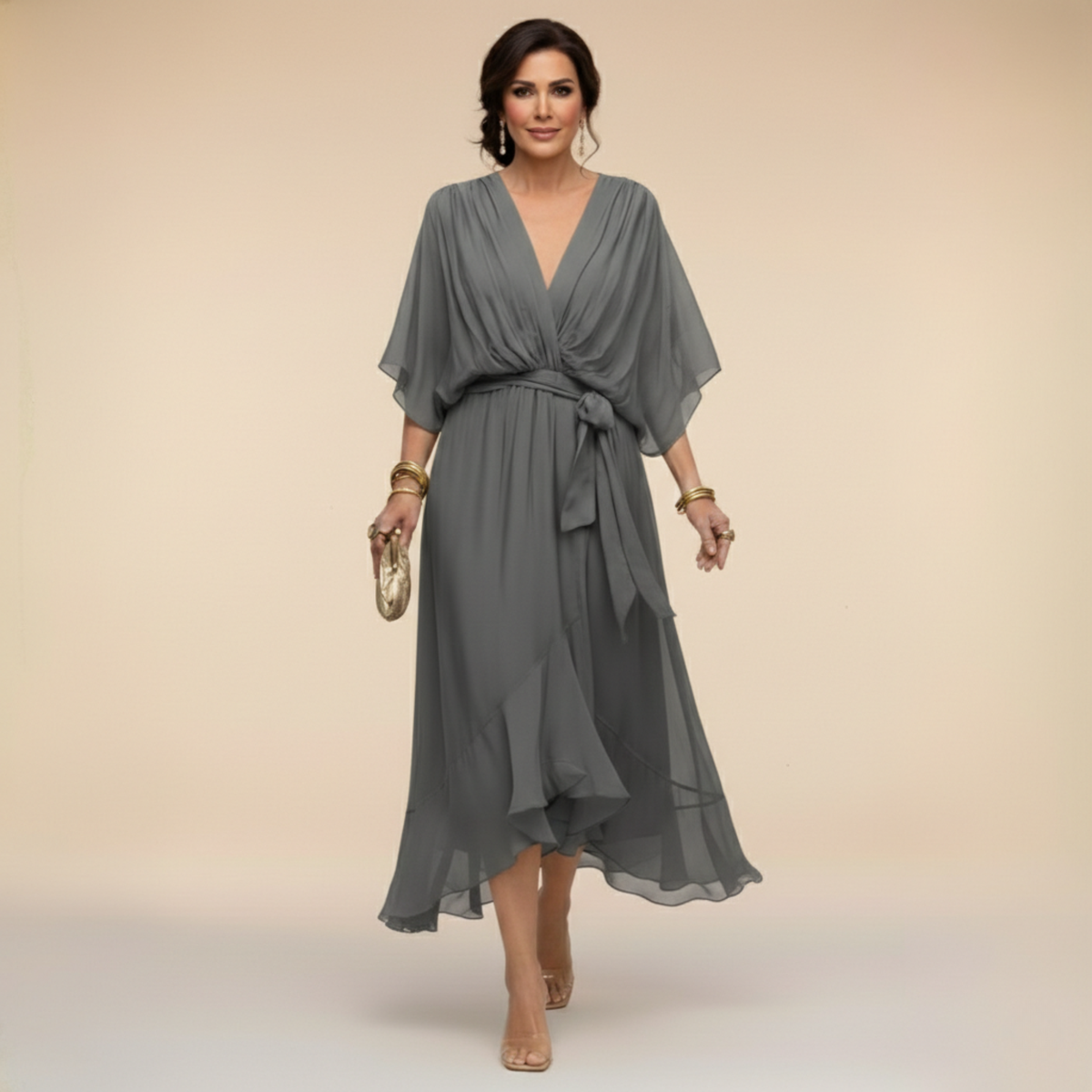 Women's V-Neck Summer Dress – Three-Quarter Sleeve Flowy Dress