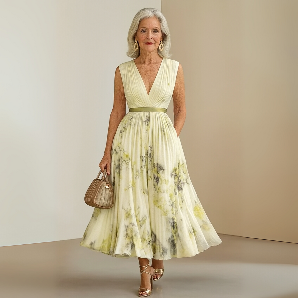 Women's Pleated Floral Maxi Dress – Sleeveless Wedding Guest Occasion Dress