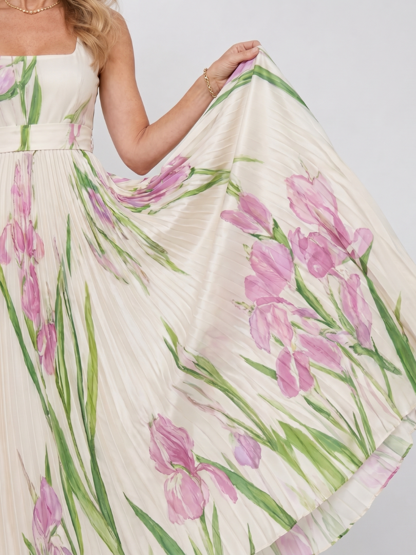 Satin midi dress with a square neckline and pleated skirt