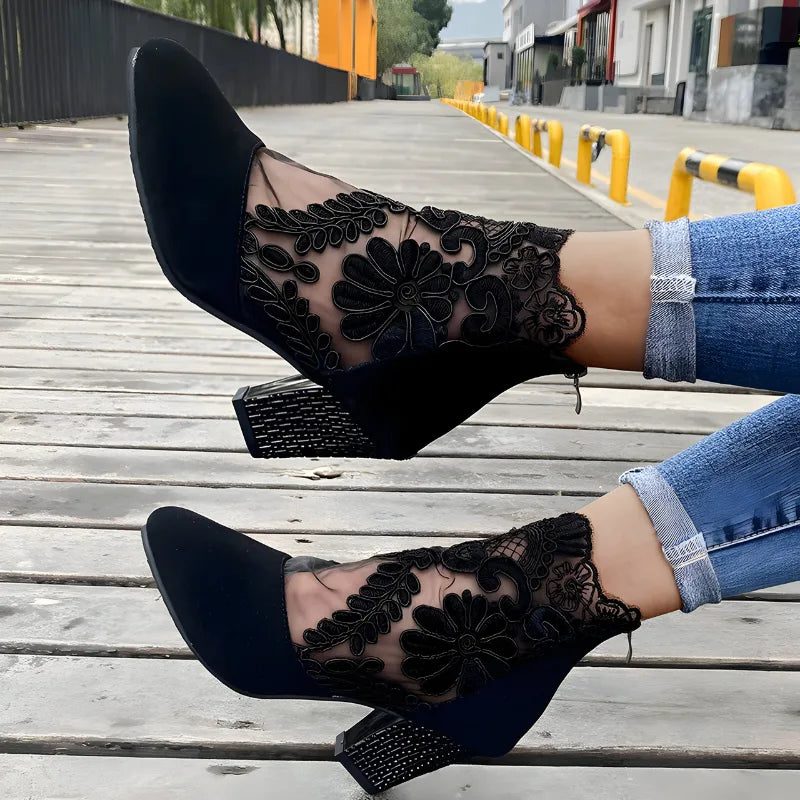 Women's Lace Overlay Ankle Boots with Block Heel