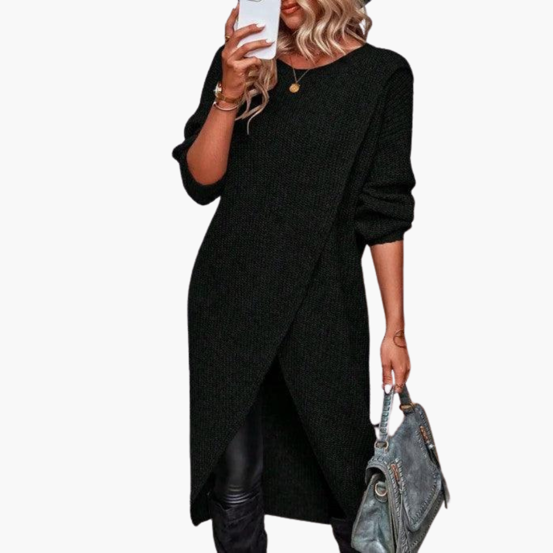Women's Tunic Sweater Wrap Front Crew Neck Long Sleeve Knit Pullover