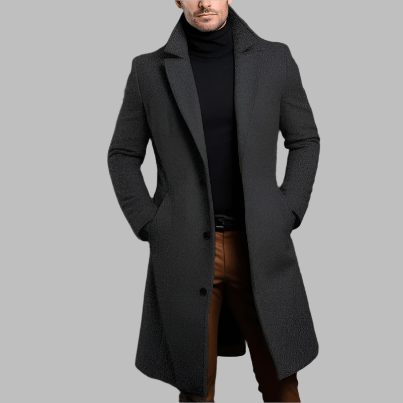 Men's Long Overcoat, Notched Lapels, Long Sleeves, Button Front