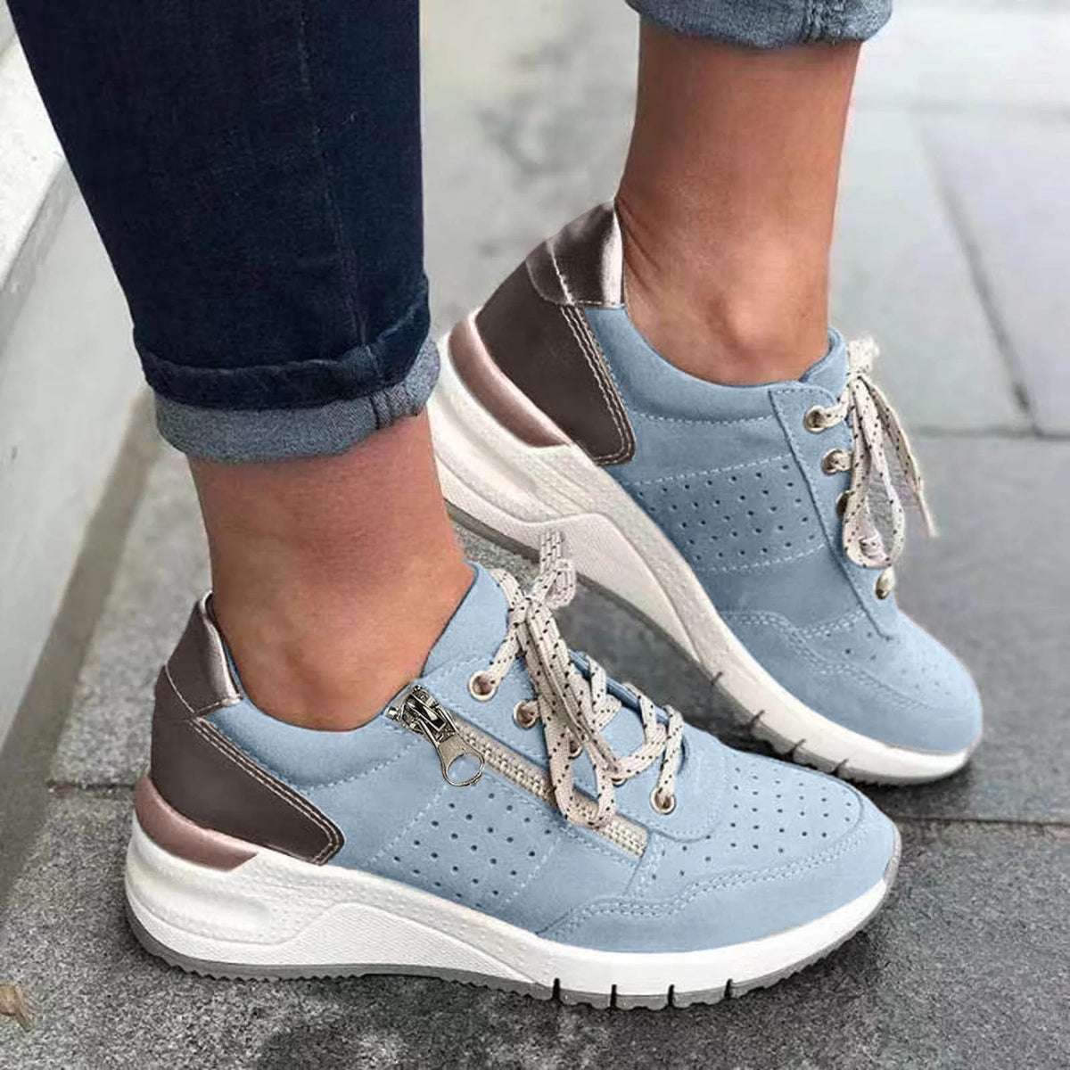 Women's Lace-Up Sneakers with Chunky Sole and Side Zip