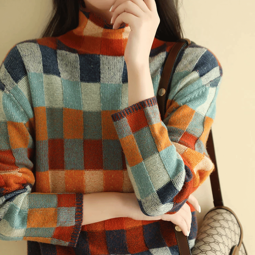 Ravelyn Patchwork Check Turtleneck Sweater