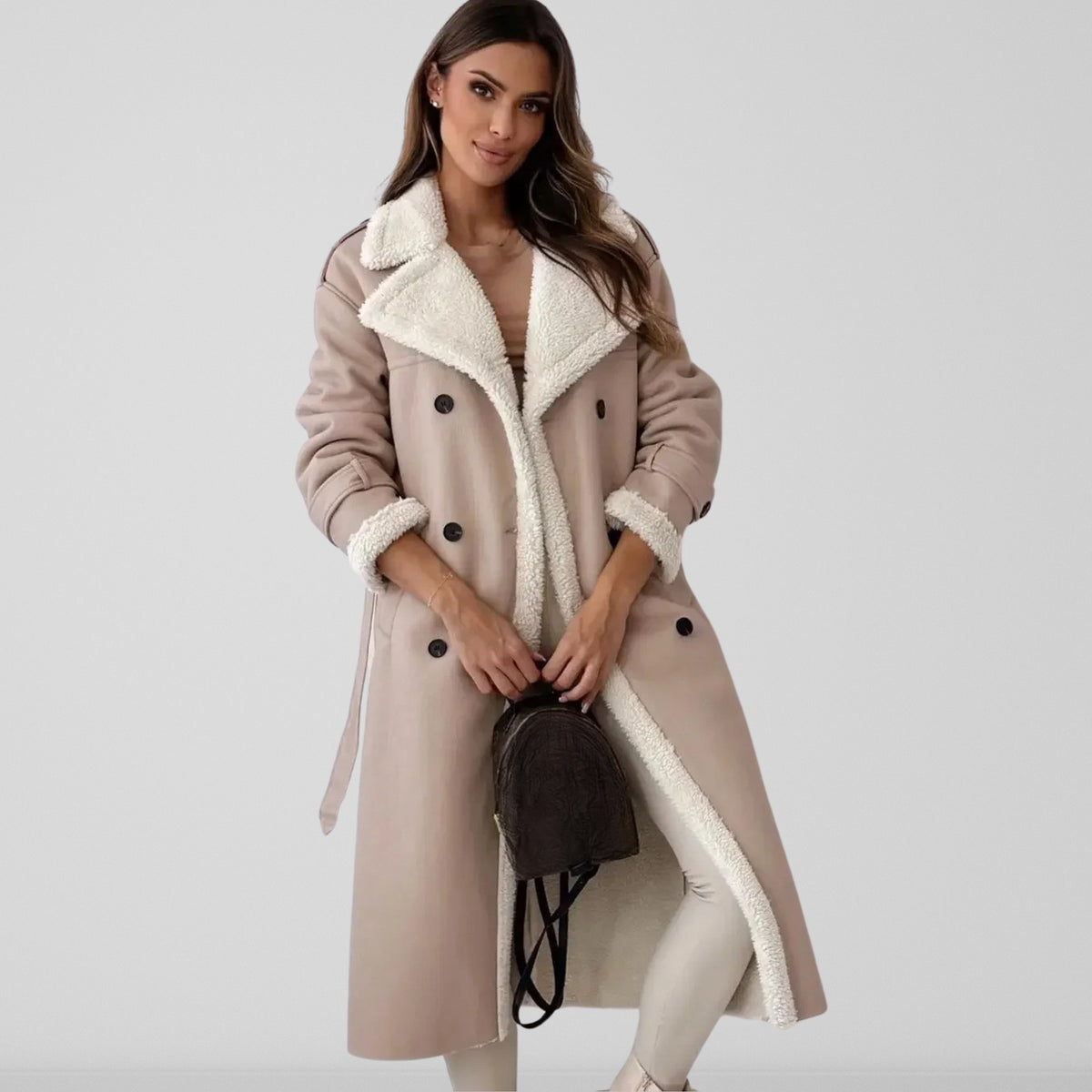 Women's Long Winter Coat, Shearling Trim, Double-Breasted