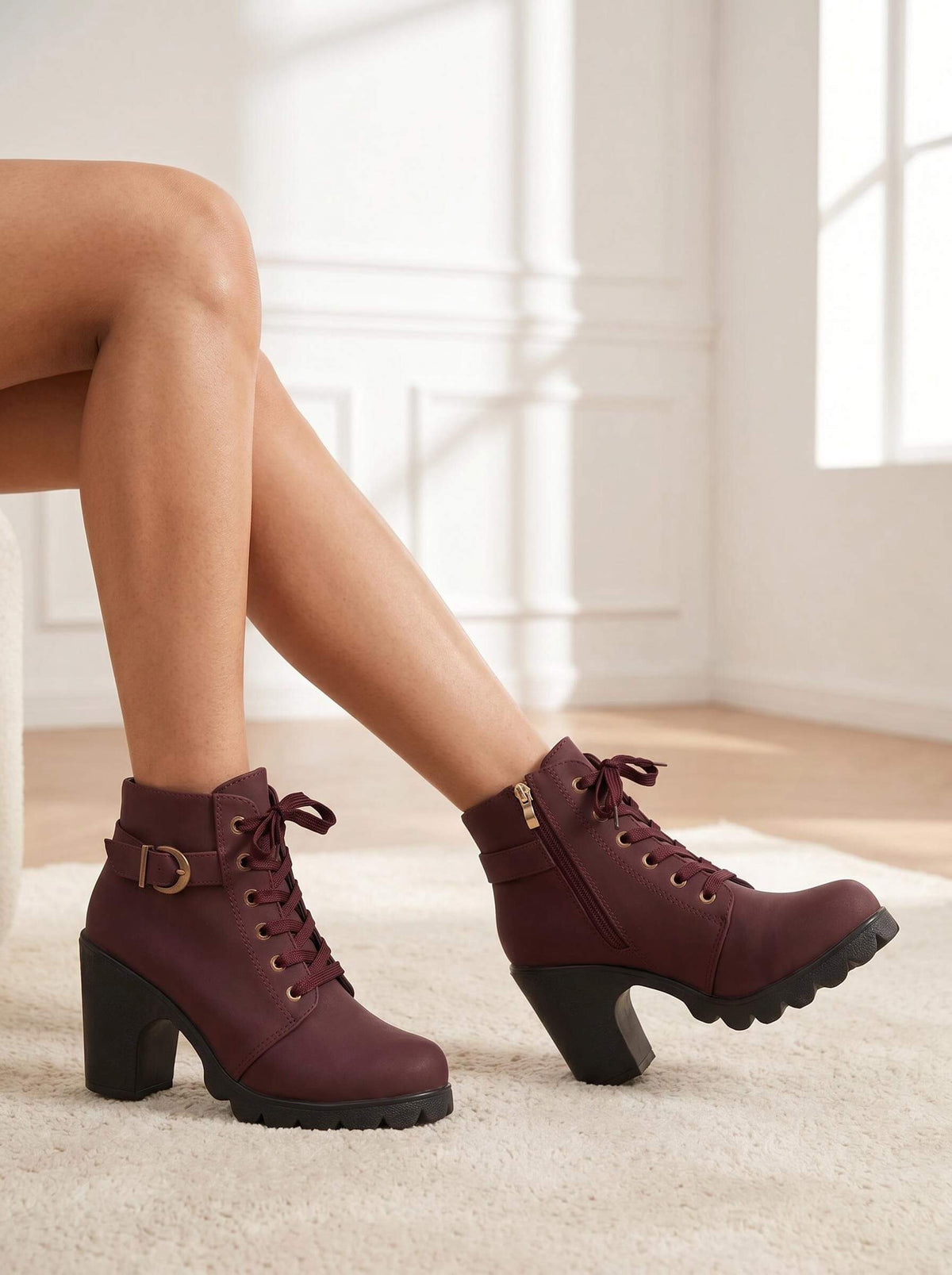 Elda Lace-Up Buckle Lug Sole Ankle Boots