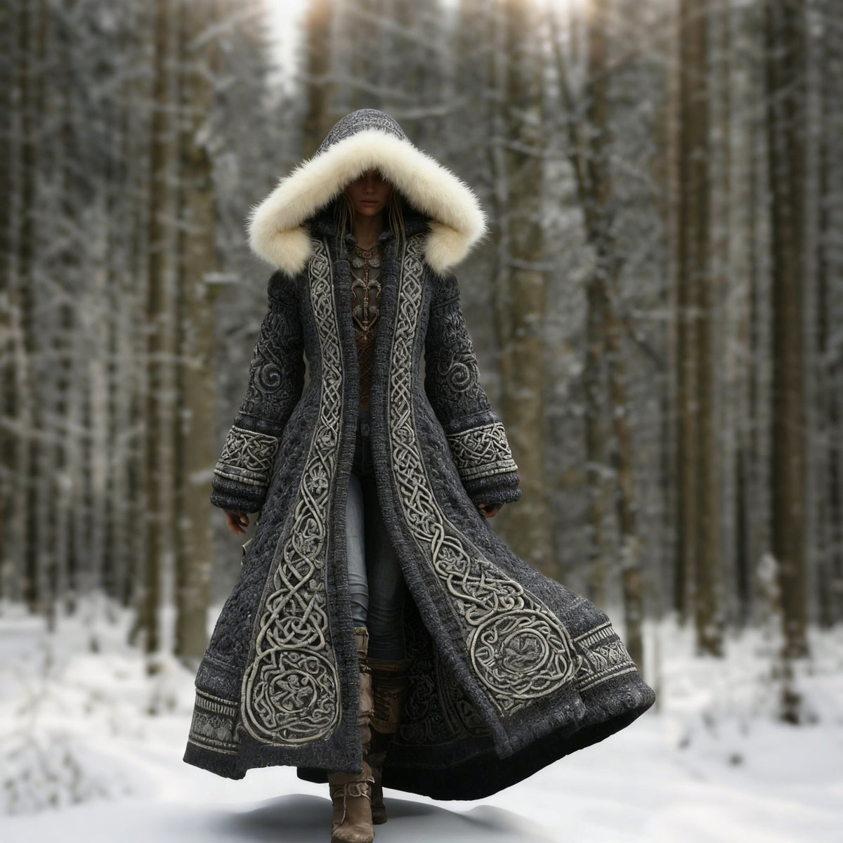 Women's Hooded Embroidered Long Coat, Fur Trim