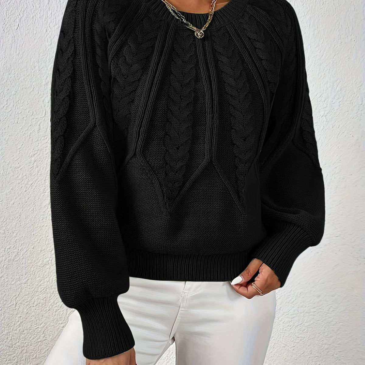 Women's Cable-Knit Pullover Sweater with Lantern Sleeves