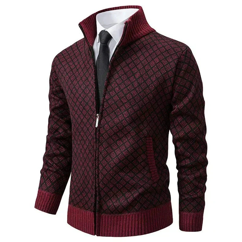 Men's Diamond Jacquard Zip Cardigan, Mock Neck, Long Sleeves